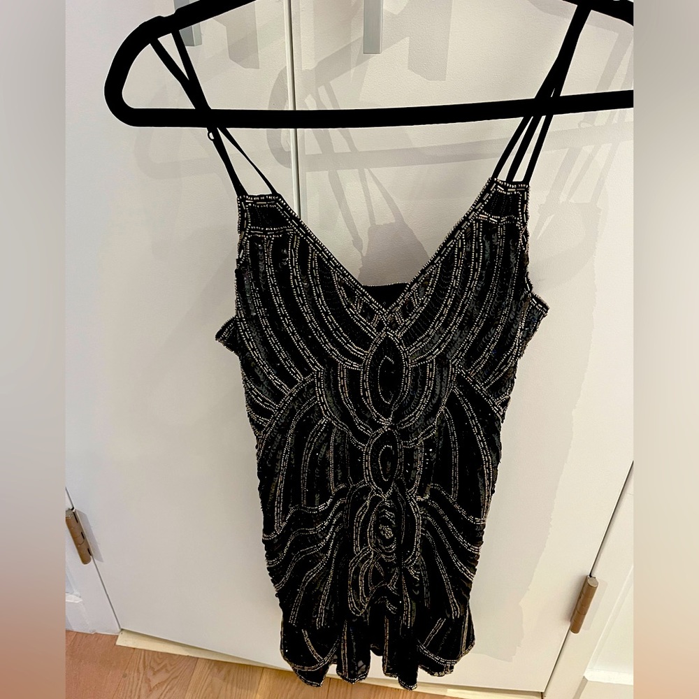 Parker beaded spaghetti strap dress, ruffle hem. Size 4. Worn once.